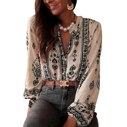 SHE bézs mintás hosszú ujjú blúz