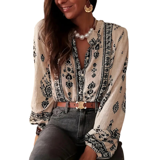 SHE bézs mintás hosszú ujjú blúz