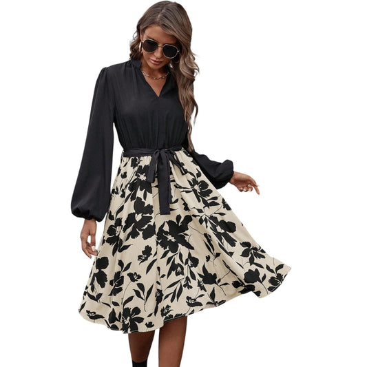 SHE fekete bézs virágmintás midi ruha