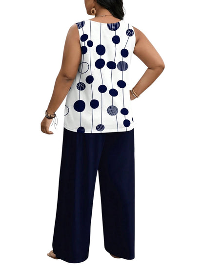 SHE fehér-sötétkék pöttyös ujjatlan blúz szett