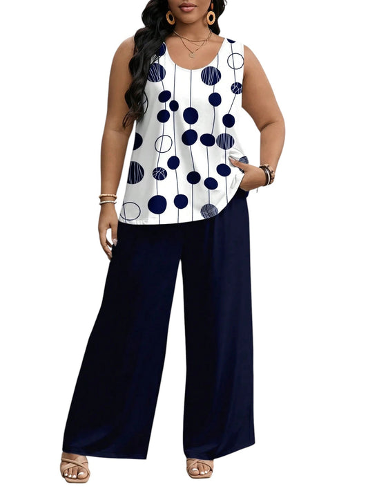 SHE fehér-sötétkék pöttyös ujjatlan blúz szett